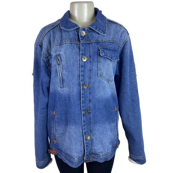 Omoone Women’s Blue Denim Jacket Distressed Pockets Button Closure Sz L - Picture 1 of 11